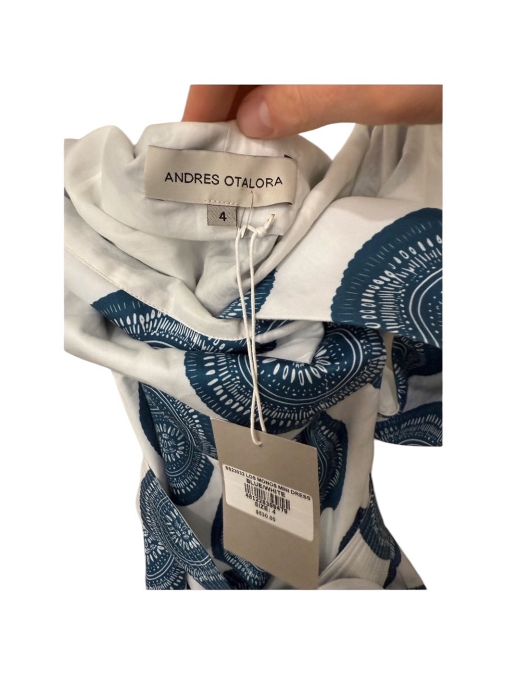 NWT Andres Otalora Blue White Los Monos Off Shoulder Mini Dress, Size 4 - Picture 7 of 8